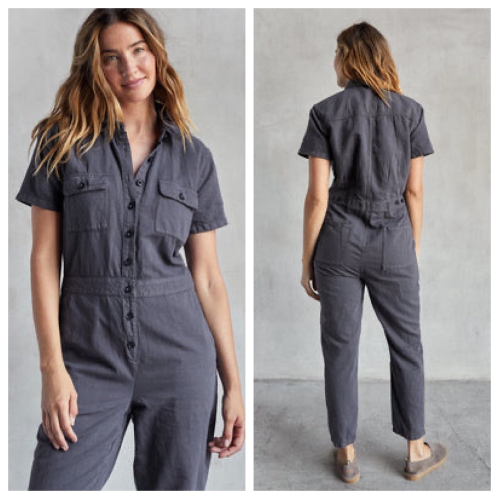 OUTERKNOWN S.E.A. Women’s S Dark Grey Utility Jumpsuit Short Sleeve Linen Blend - Picture 2 of 16